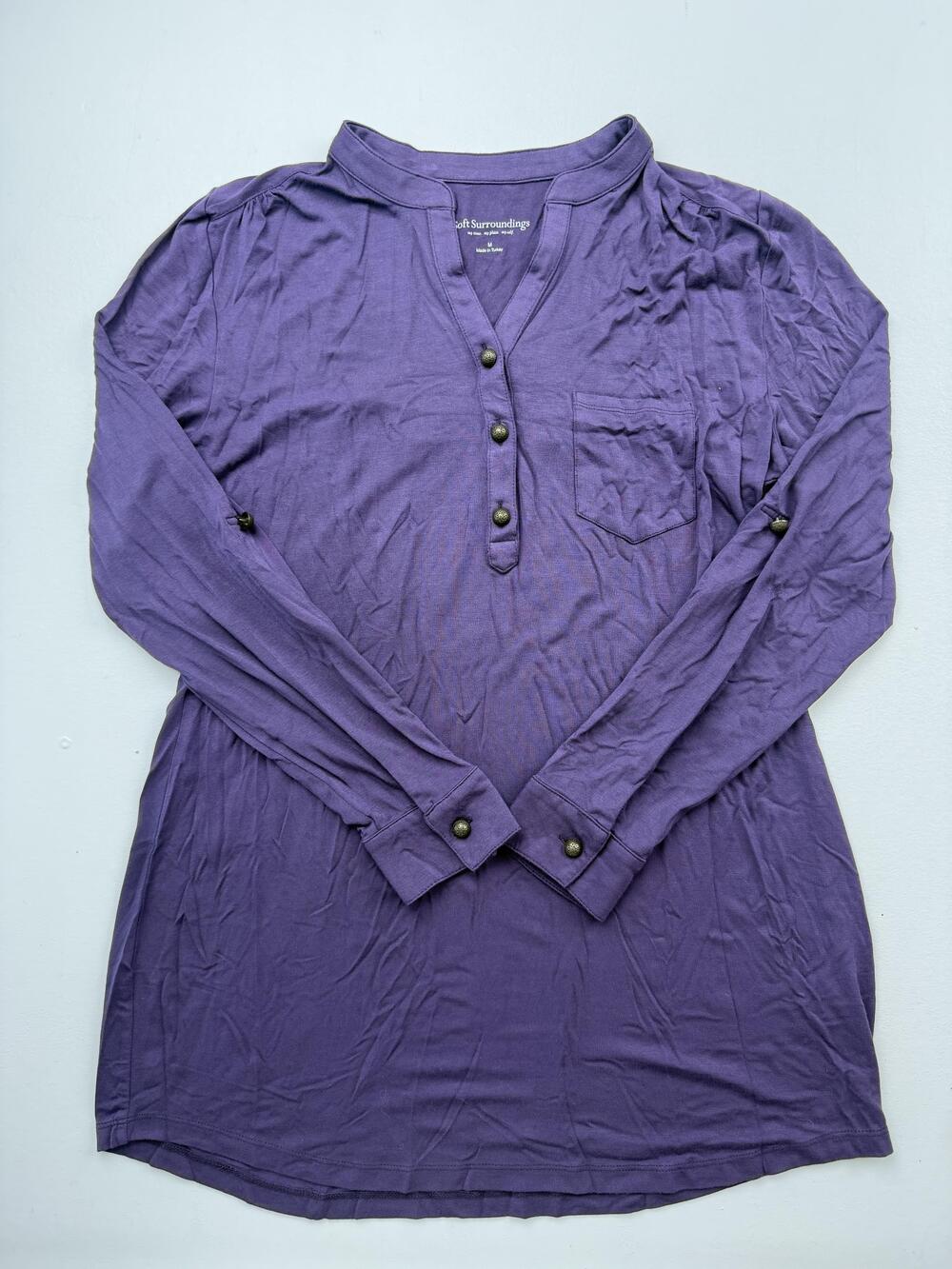 Soft Surroundings Shirt Womens M Purple Henley Long Roll Tab Sleeve Tunic Top